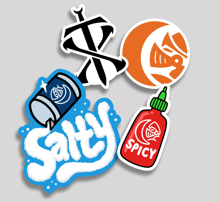 Series 1 Sticker pack from the Command Zone! This pack is 4x stickers total. It includes 1x sticker of each of the following; an Orange Game Knights logo, Salt being poured to spell 'salty', a hot sauce bottle with the text 'spicy' underneath the Game Knights logo, and our first ever Extra Turns logo.